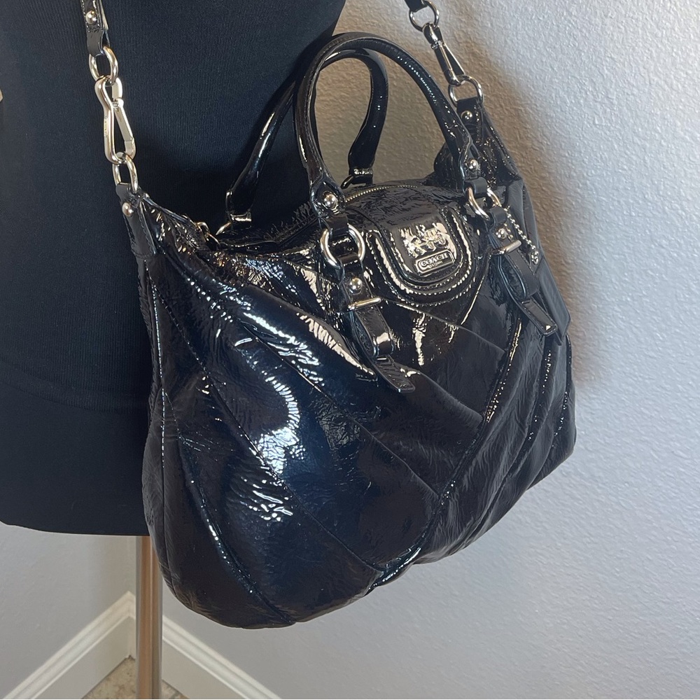 Coach Madison Diagonal Pleated Patent Leather Juliette Satchel Black Bag 21304 - Picture 5 of 13